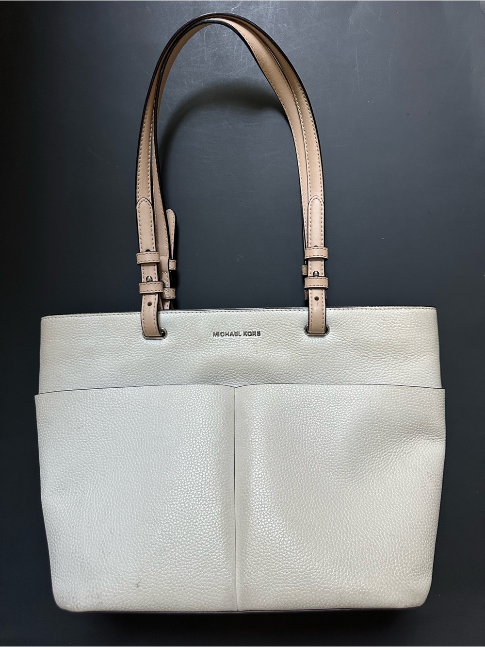 Michael Kors Cream Pebbled Leather Tote with Tan Straps